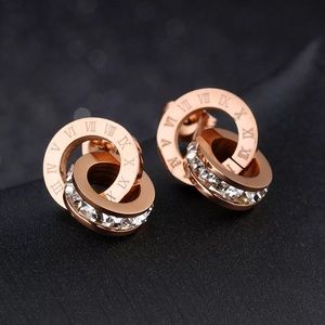 Roman Numeral Clock Double Hoop Rose Gold Earrings